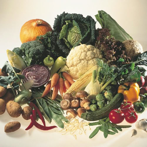 Verschiedene Gem&uuml;sesorten, darunter K&uuml;rbis, Brokkoli, Blumenkohl, Karotten, Kartoffeln, Paprika, Tomaten, Zwiebel, Knoblauch und Mais, auf einem Haufen arrangiert.