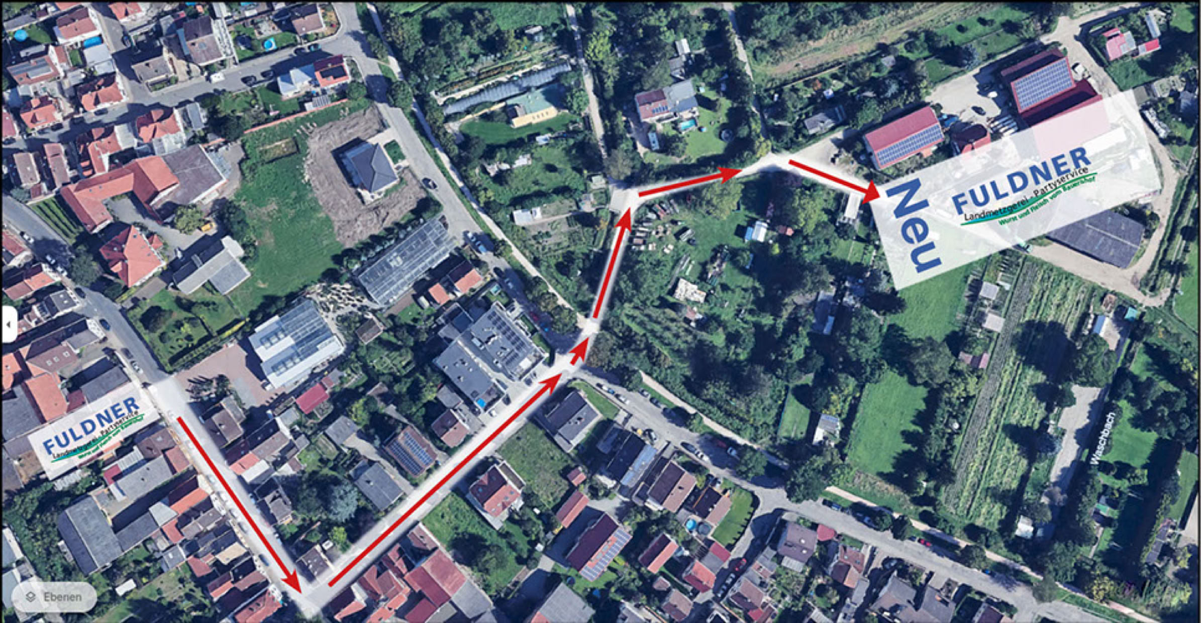 Satellitenbild einer Stadt mit markiertem Weg in Rot, der von der ehemaligen Metzgerei Fuldner zum Neubau f&uuml;hrt.